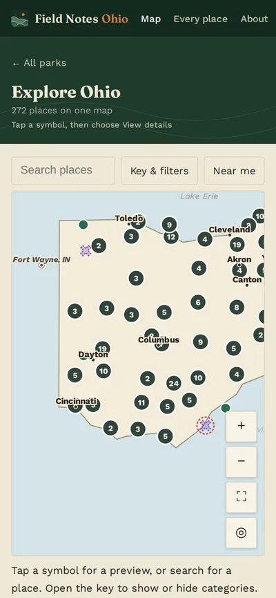 The Field Notes Ohio interactive map on a phone